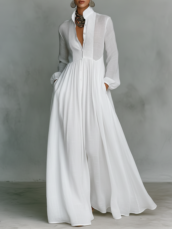 Veronica | Maxi Minimalist Dress in Cotton and Linen with Patchwork, High Collar and Long Sleeves