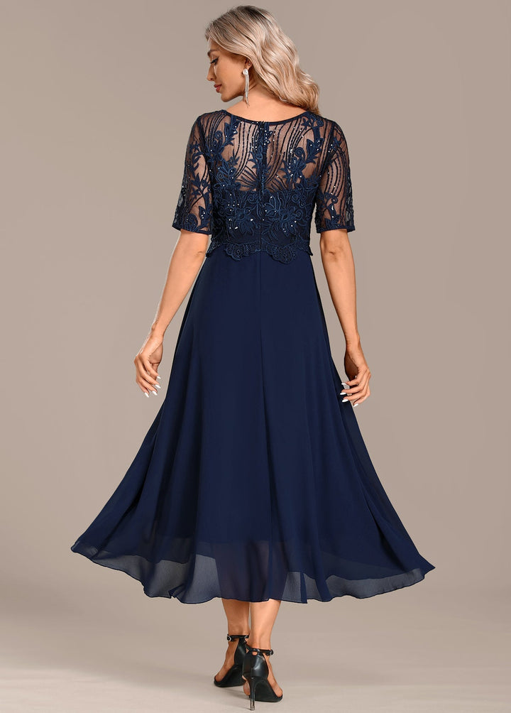 Rebecca | Navy Lace Short Sleeve Round Neck Dress