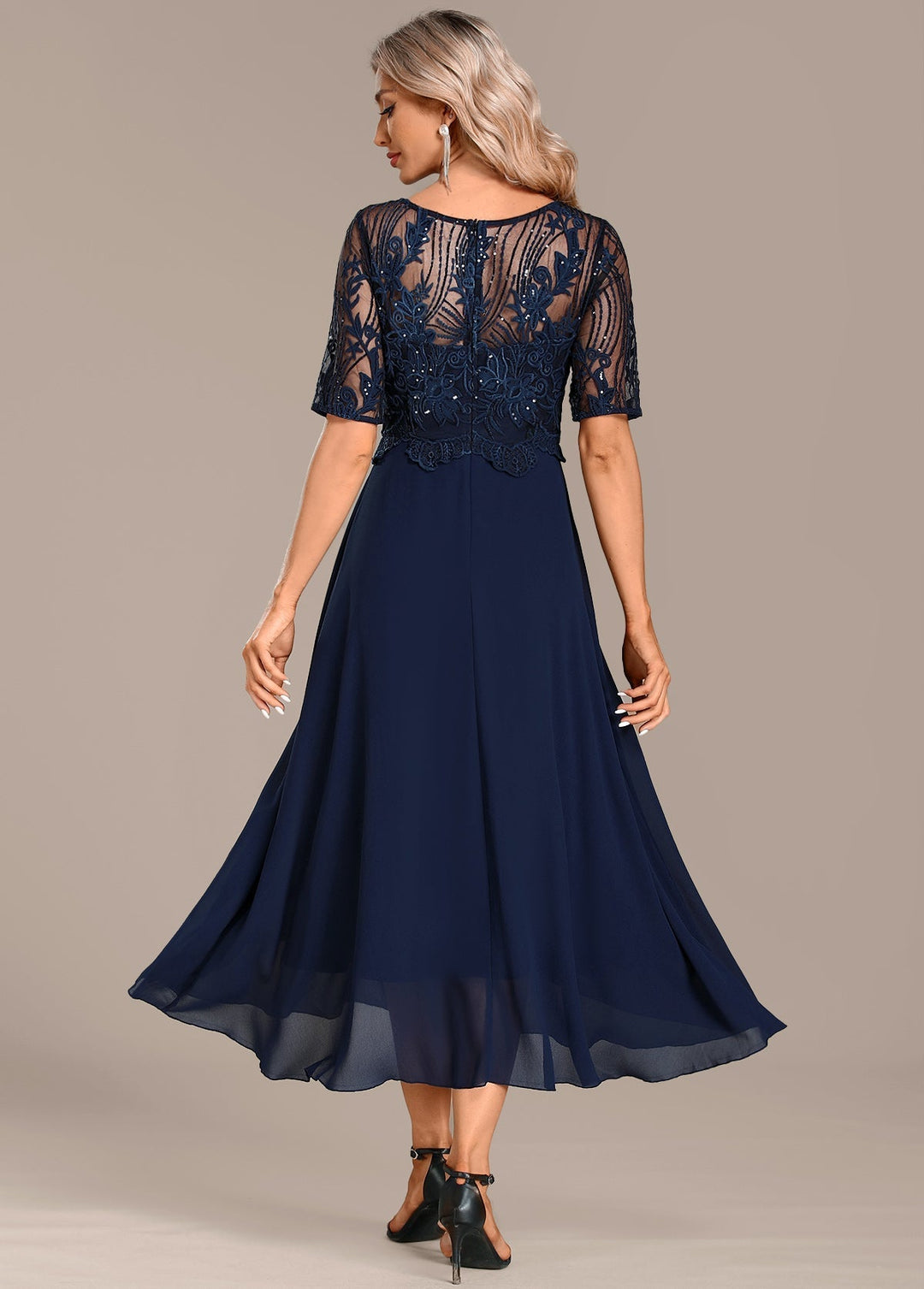 Sophie | Navy Lace Short Sleeve Round Neck Dress
