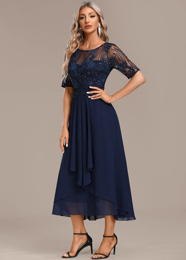 Sophie | Navy Lace Short Sleeve Round Neck Dress