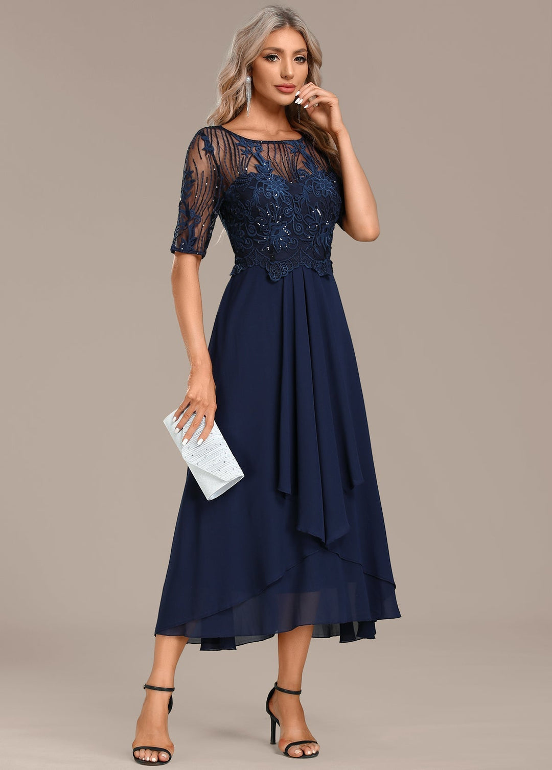 Rebecca | Navy Lace Short Sleeve Round Neck Dress
