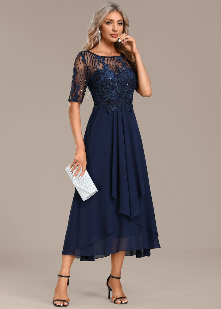 Rebecca | Navy Lace Short Sleeve Round Neck Dress