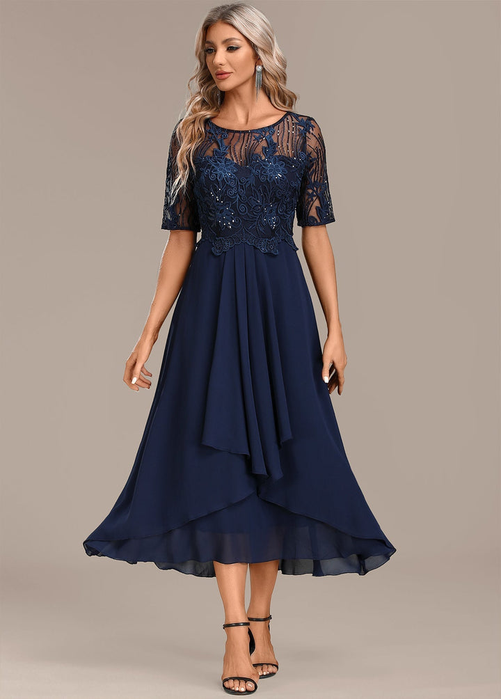 Rebecca | Navy Lace Short Sleeve Round Neck Dress