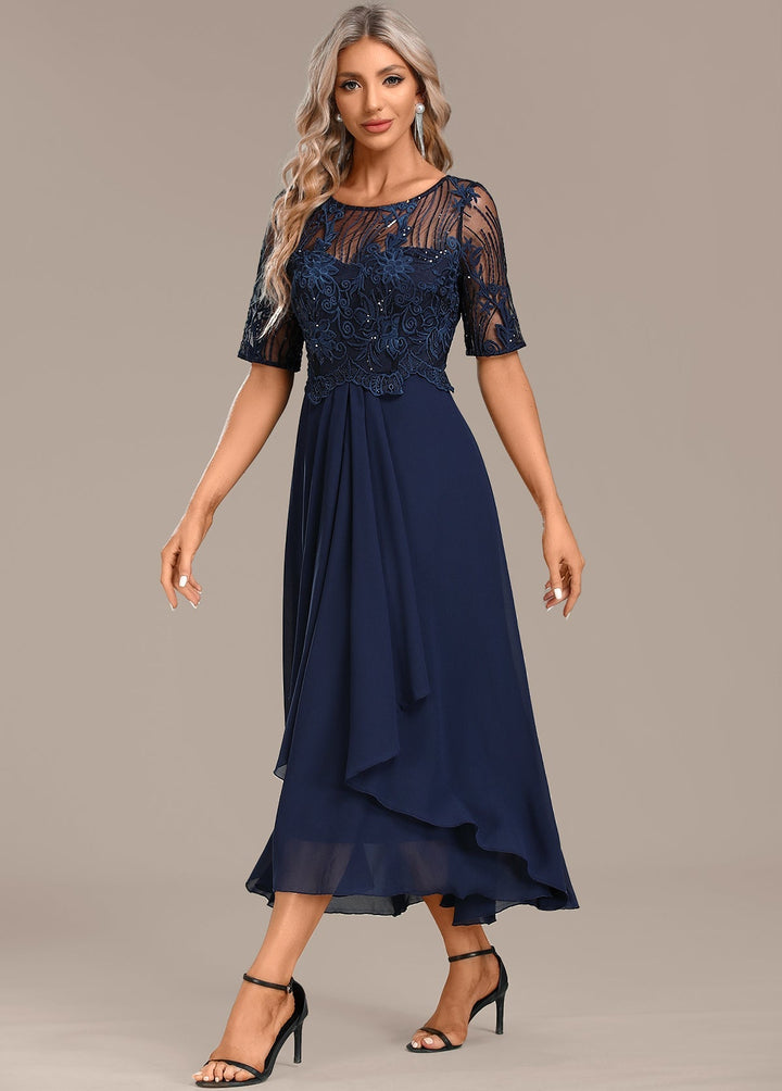 Sophie | Navy Lace Short Sleeve Round Neck Dress