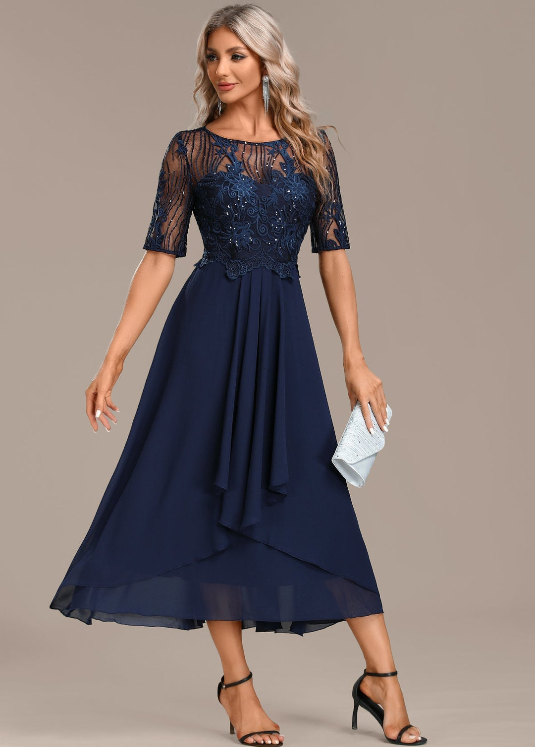 Rebecca | Navy Lace Short Sleeve Round Neck Dress