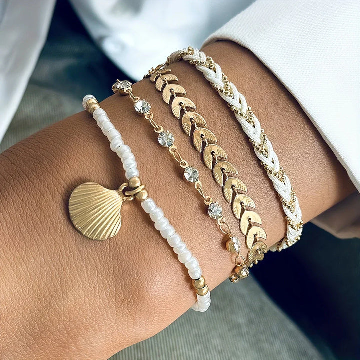 Set of 4 Elegant Gold Shell Bracelets