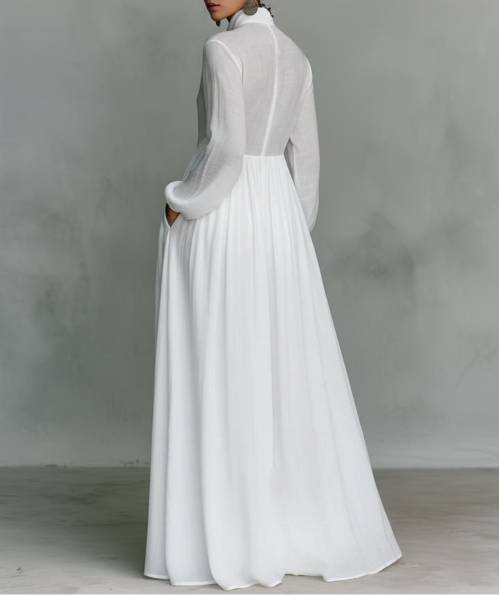 Veronica | Maxi Minimalist Dress in Cotton and Linen with Patchwork, High Collar and Long Sleeves