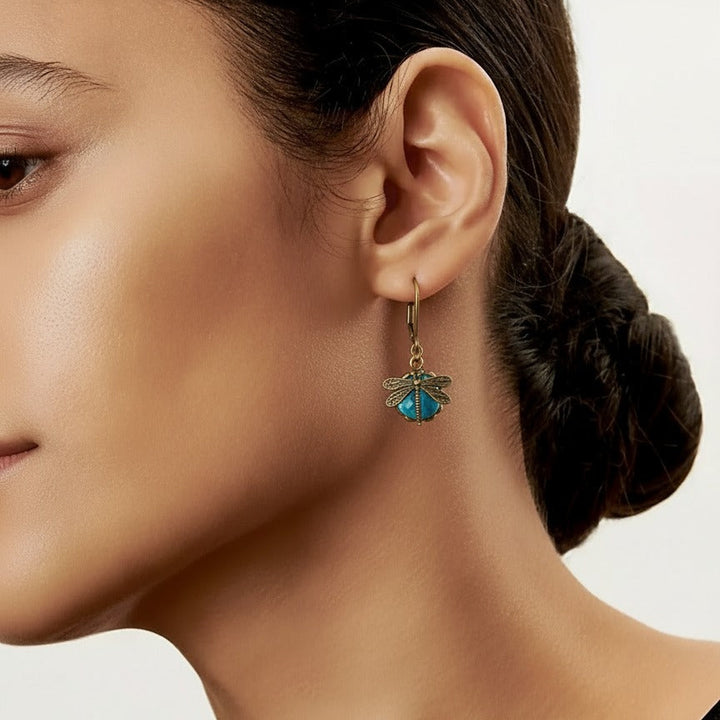 Bella | Dragonfly Crystal Earrings in Antique Gold