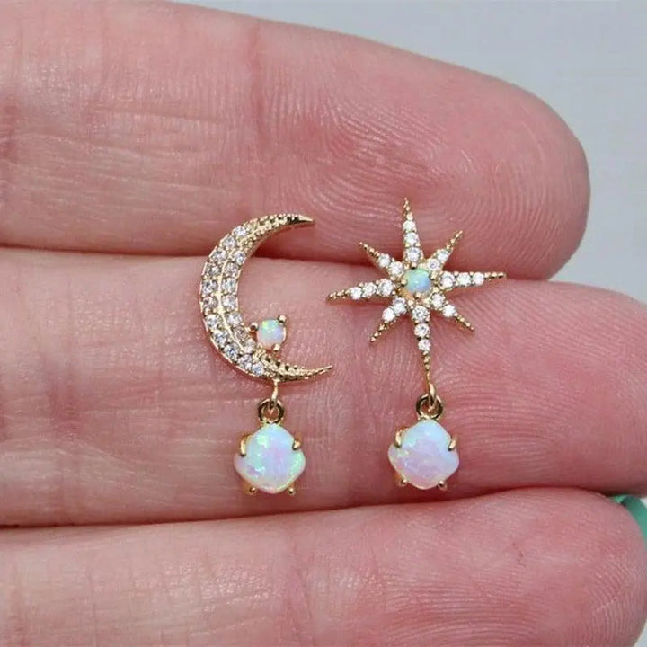 Moon and Star Gold and Opal Earrings