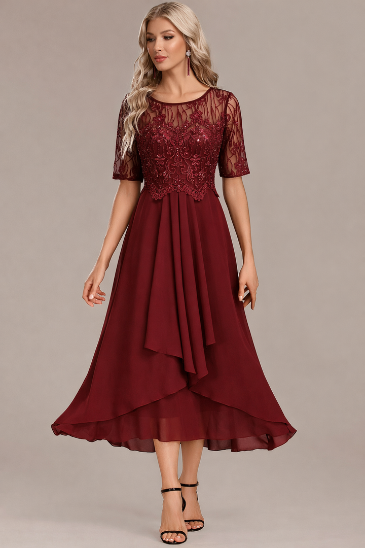Sophie | Navy Lace Short Sleeve Round Neck Dress