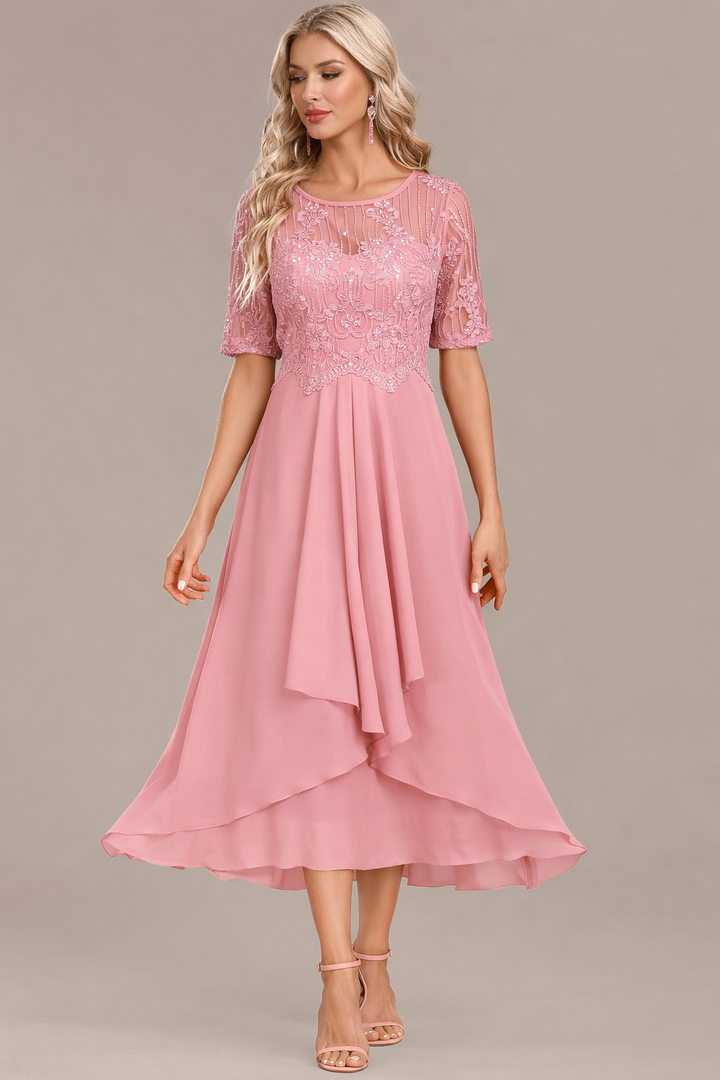 Sophie | Navy Lace Short Sleeve Round Neck Dress