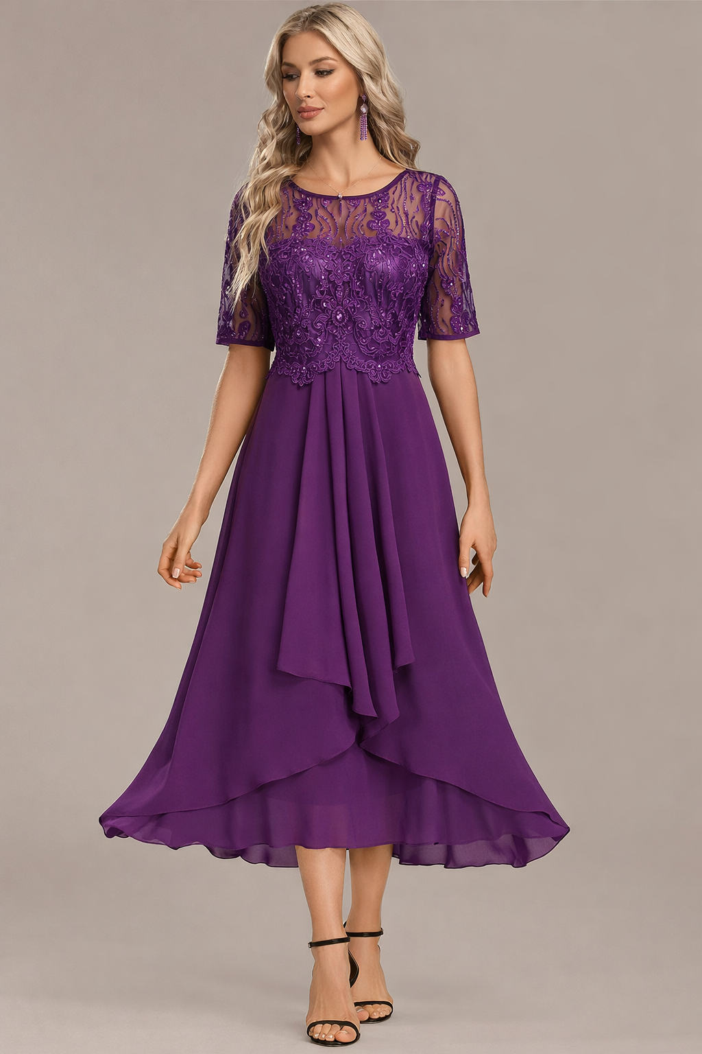 Sophie | Navy Lace Short Sleeve Round Neck Dress