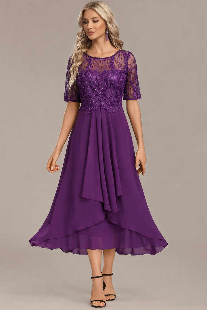 Sophie | Navy Lace Short Sleeve Round Neck Dress
