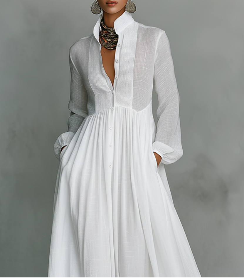Veronica | Maxi Minimalist Dress in Cotton and Linen with Patchwork, High Collar and Long Sleeves