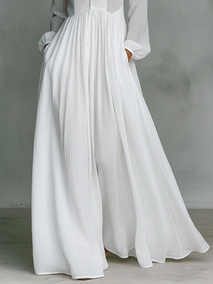 Veronica | Maxi Minimalist Dress in Cotton and Linen with Patchwork, High Collar and Long Sleeves