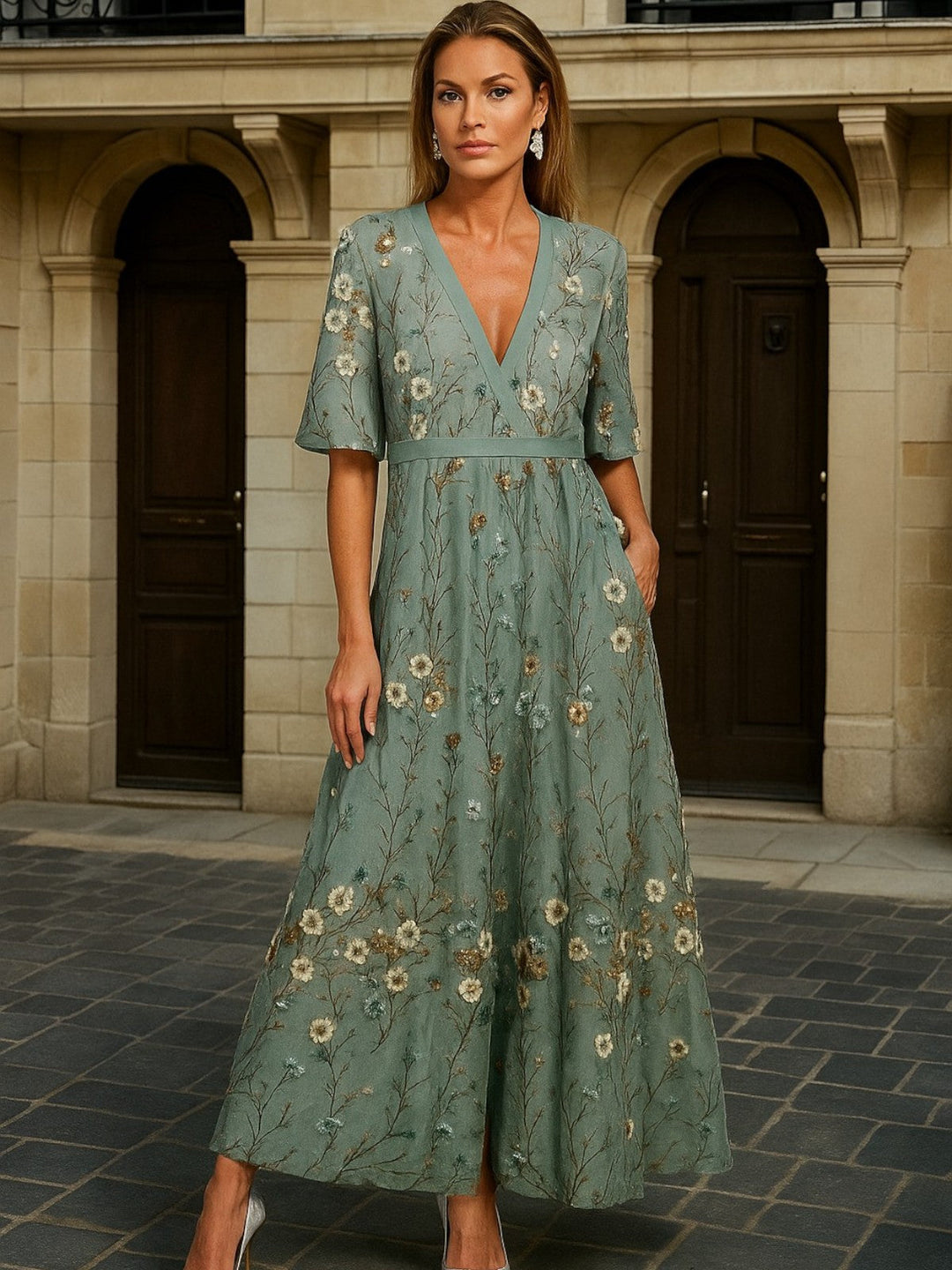 Sophie | Elegant V-Neck Belted Boho Dress